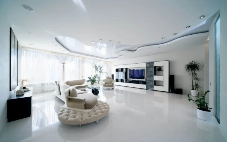 large hall in white tones, with a two-level stretch ceiling