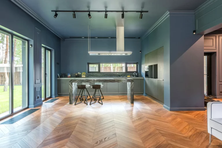 Modern style kitchen with herringbone parquet flooring