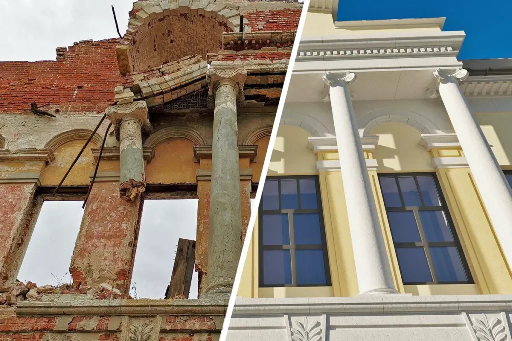 before and after reconstruction of a historical building